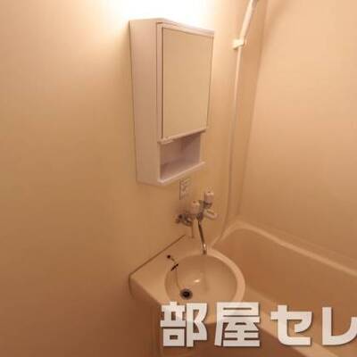 
						洗面台あります。鏡の裏には。。。